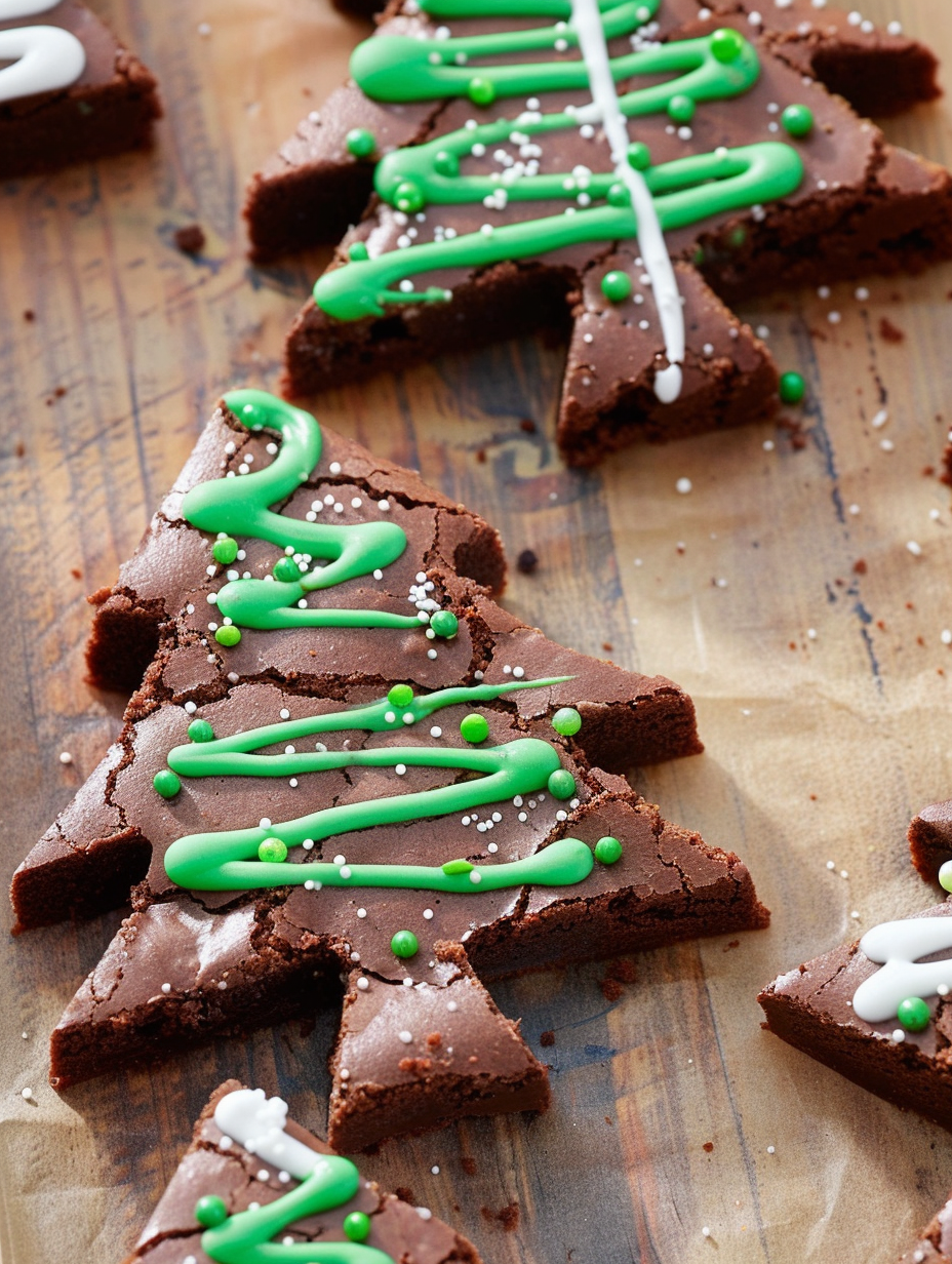 Decorated Christmas tree brownies on a tray