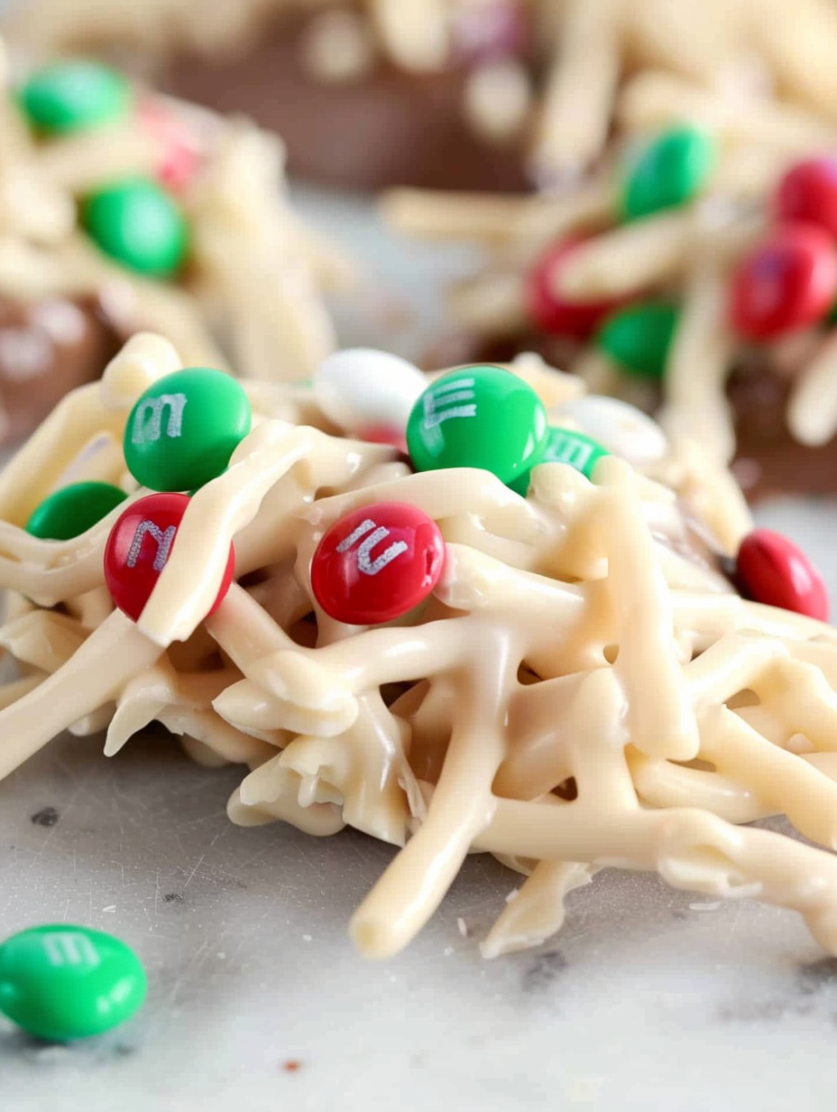 Close-up of a haystack with colorful M&Ms