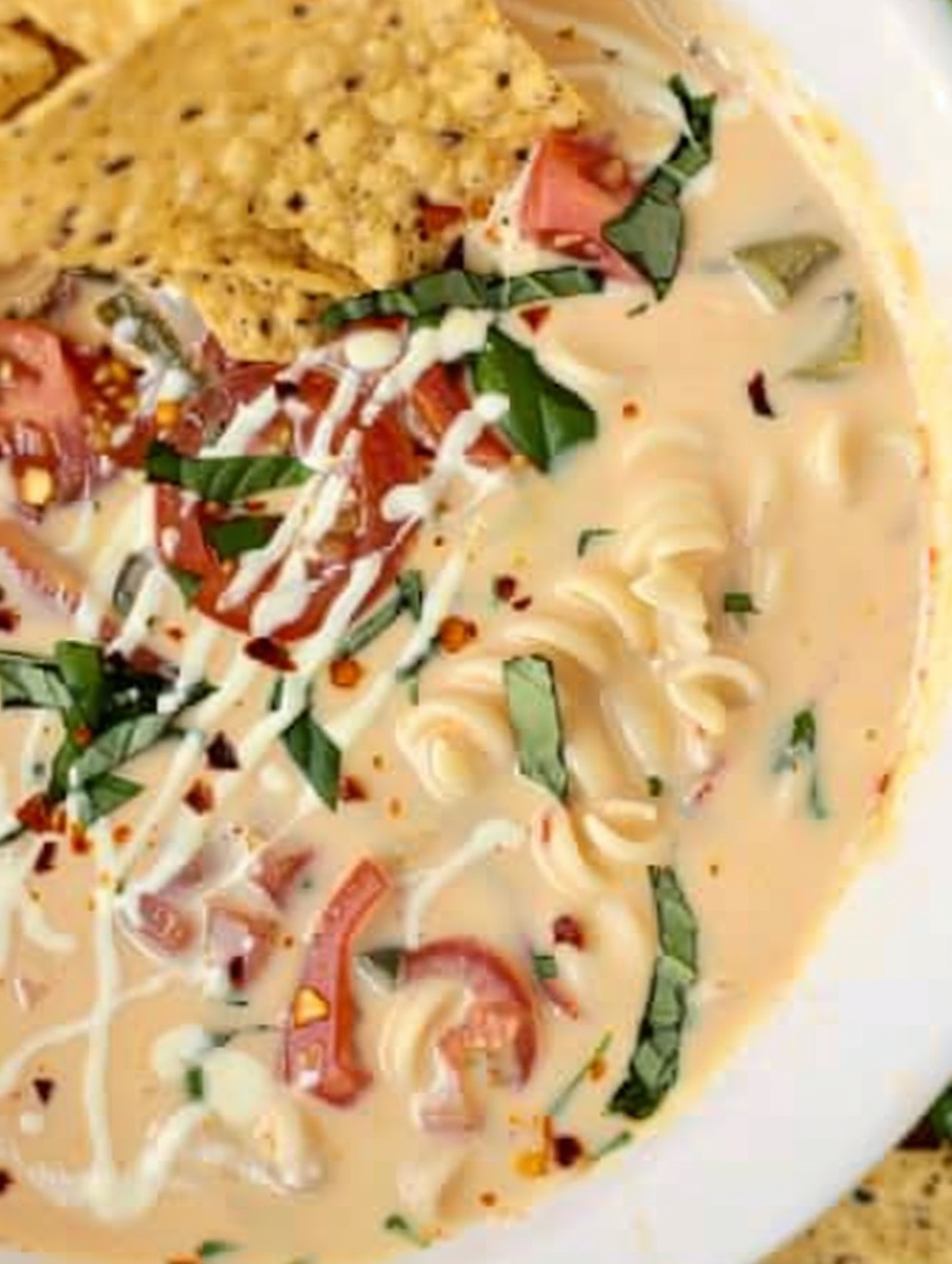 Served bowls of creamy tomato soup with basil and chips
