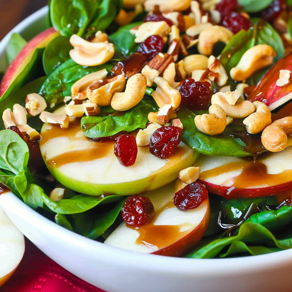 Apple Cranberry Spinach Cashew Salad with Balsamic Vinaigrette