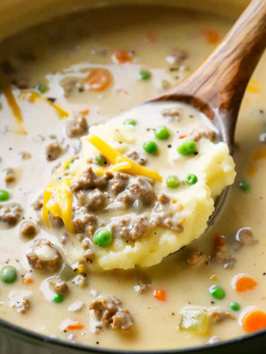 Bowl of Shepherd's Pie Soup with cheddar