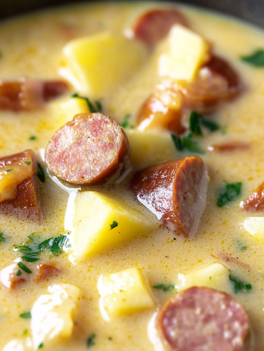 Kielbasa potato soup in a white bowl with parsley garnish