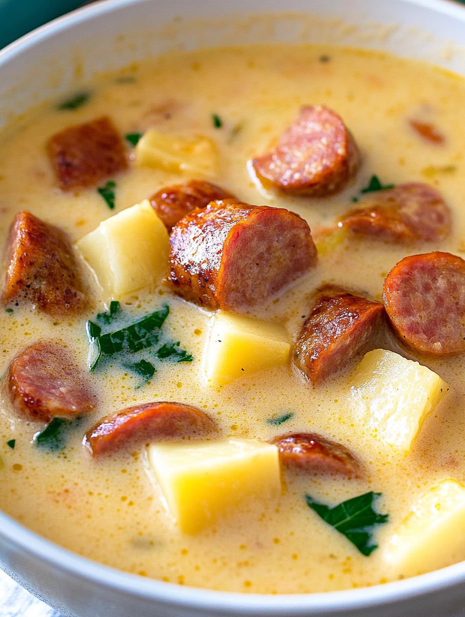 Creamy soup ladled from pot