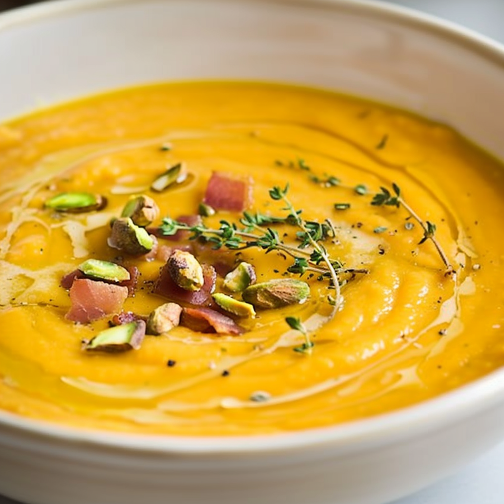 Butternut Squash Soup with Bacon, Pistachios & Chili Oil
