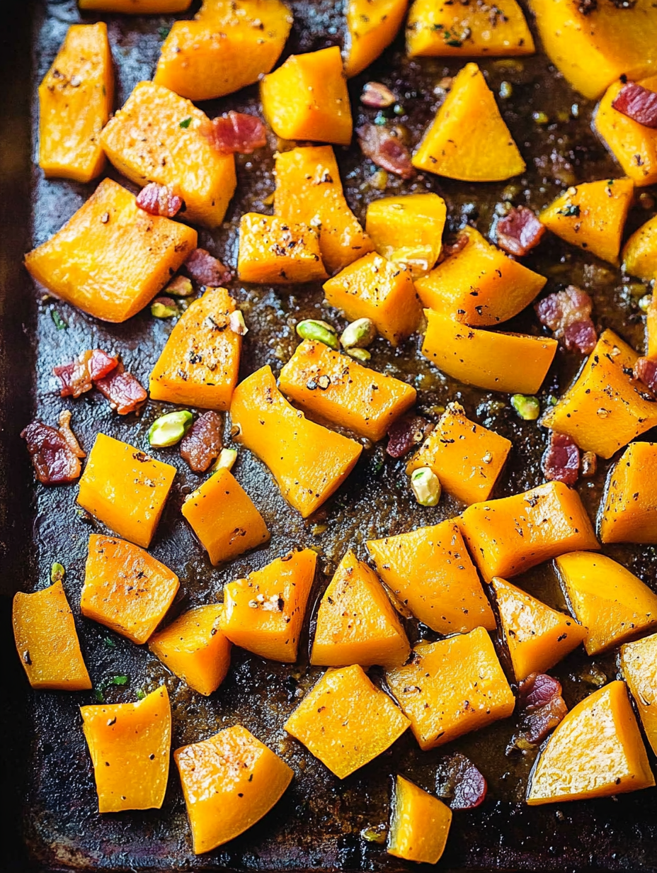 Roasted butternut squash and bacon on a baking tray