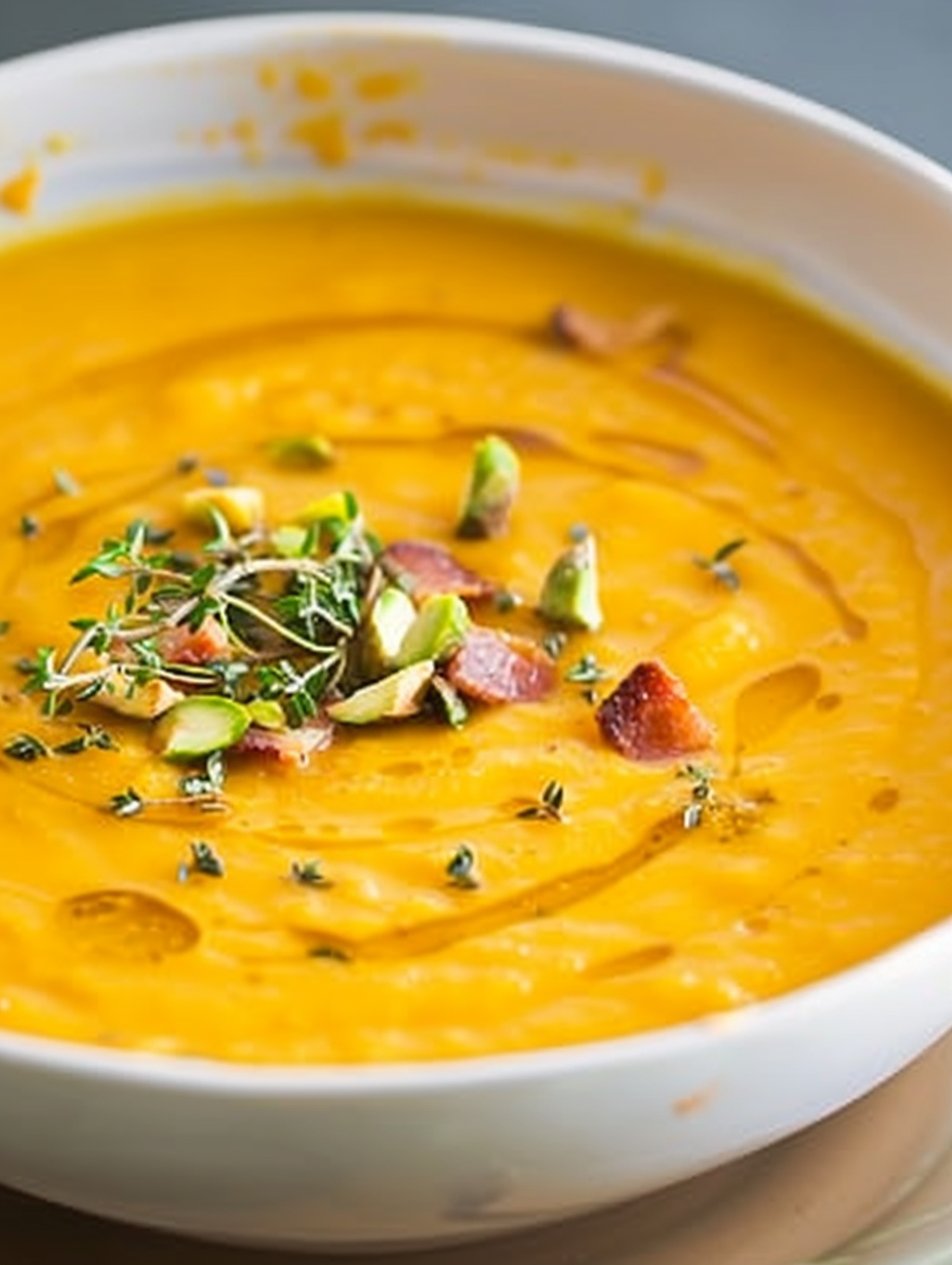 Creamy soup poured into bowls with pistachios and chili oil