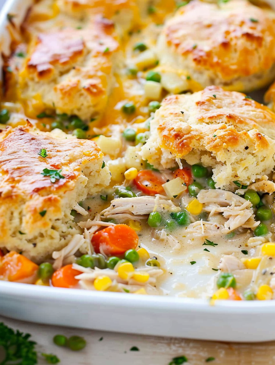 Chicken Pot Pie Casserole with biscuit dollops before baking