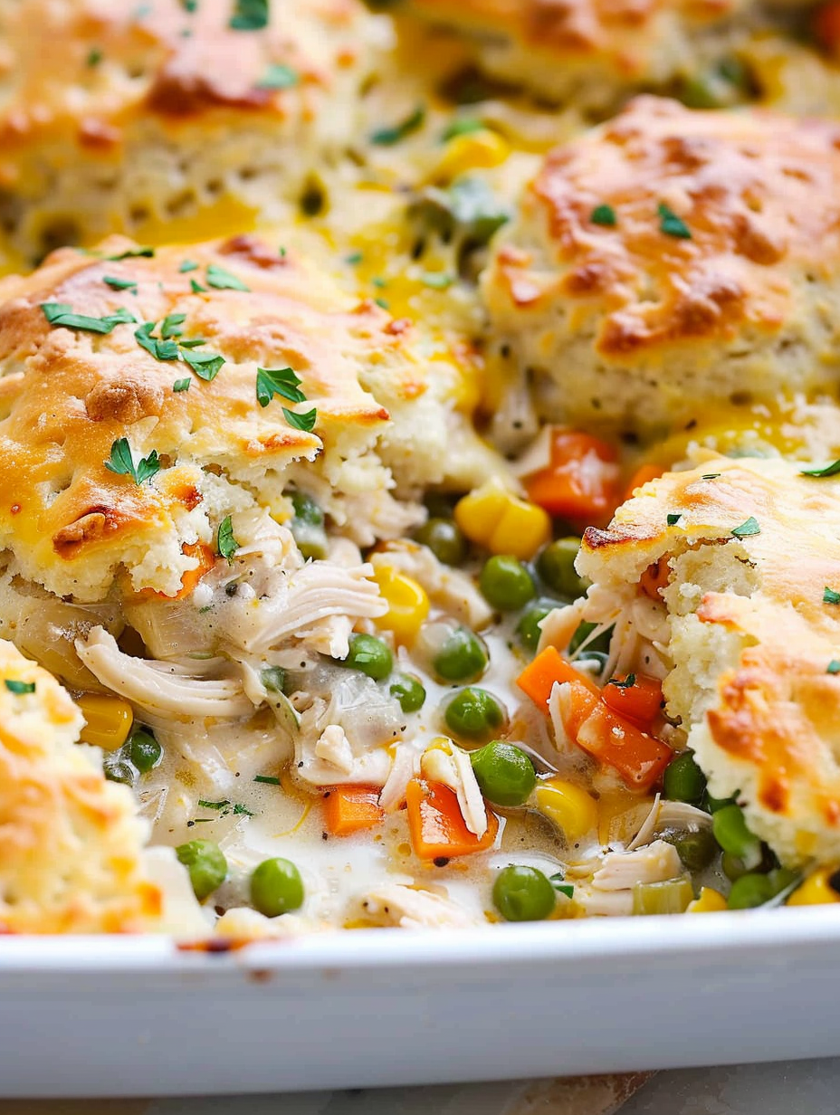 Close up of golden cheesy biscuits on casserole