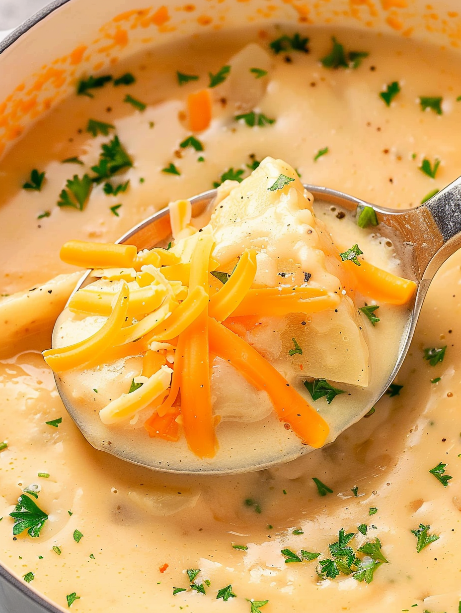Bowl of cheesy potato soup with garnish