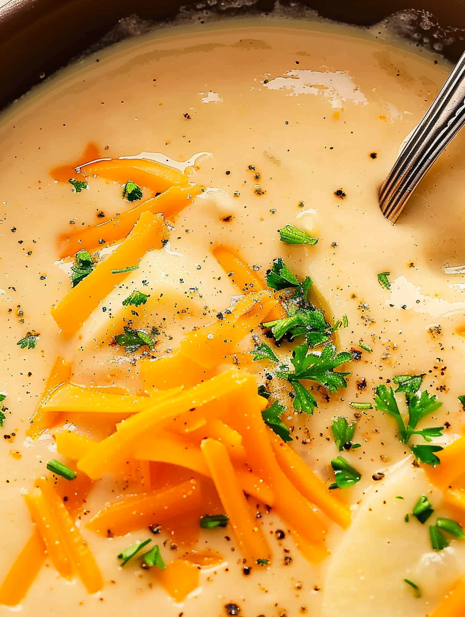 Pot of cheesy potato soup on stove
