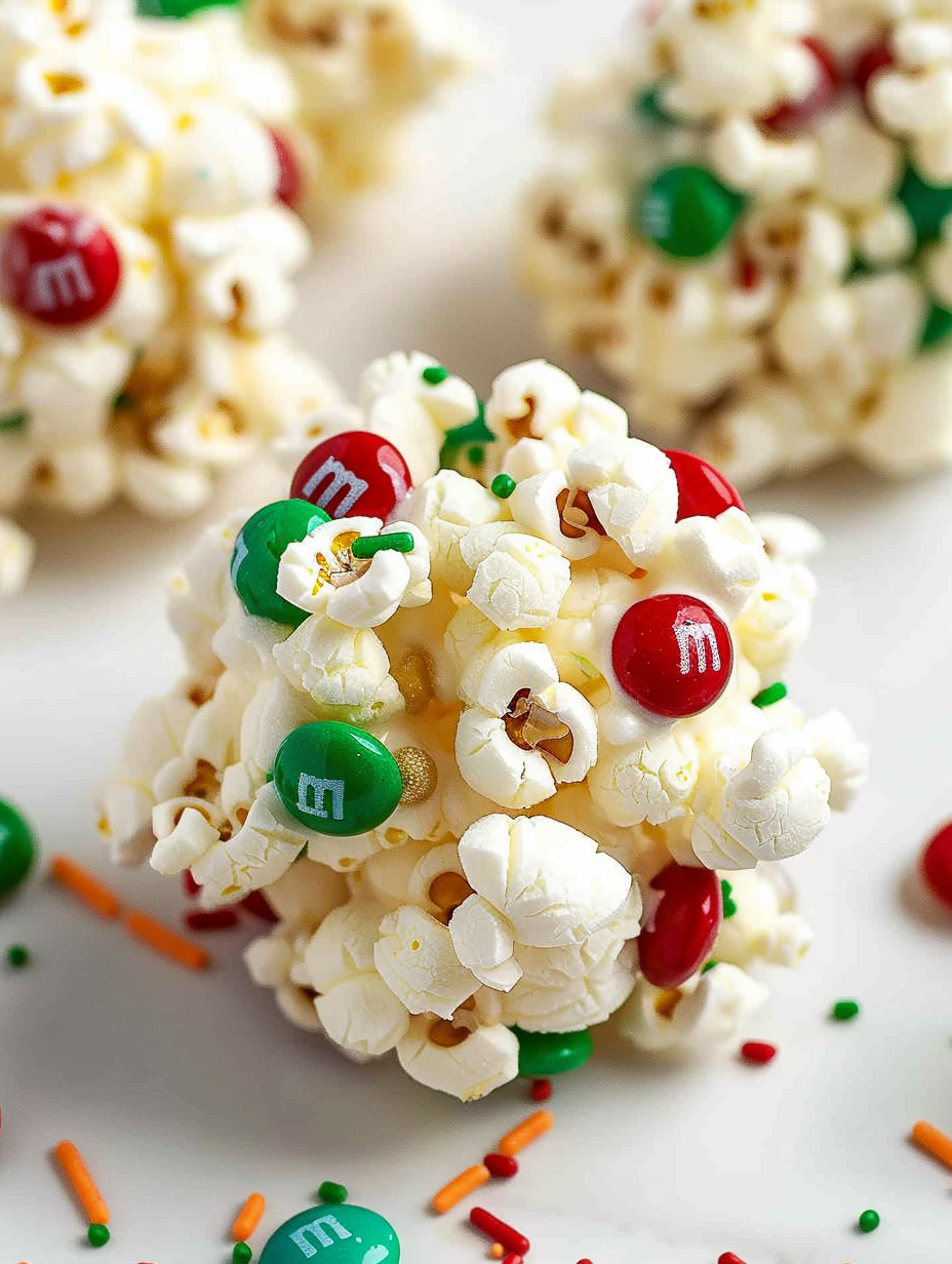 Close-up of a festive popcorn ball with M&Ms