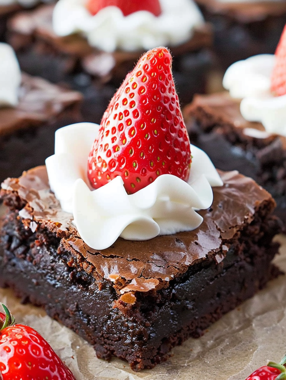 Santa Hat Brownies close-up with frosting and strawberries