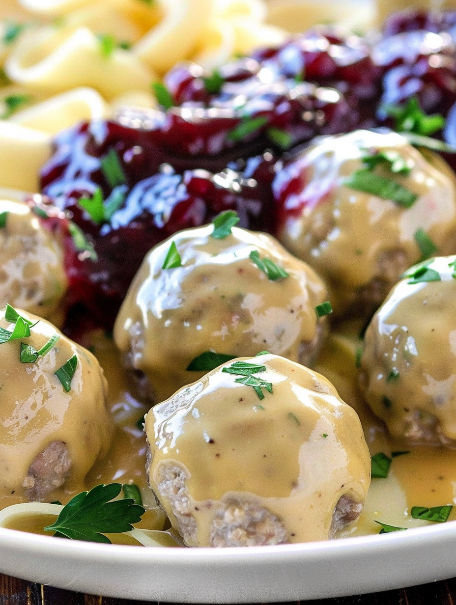 Saucy Swedish meatballs over egg noodles