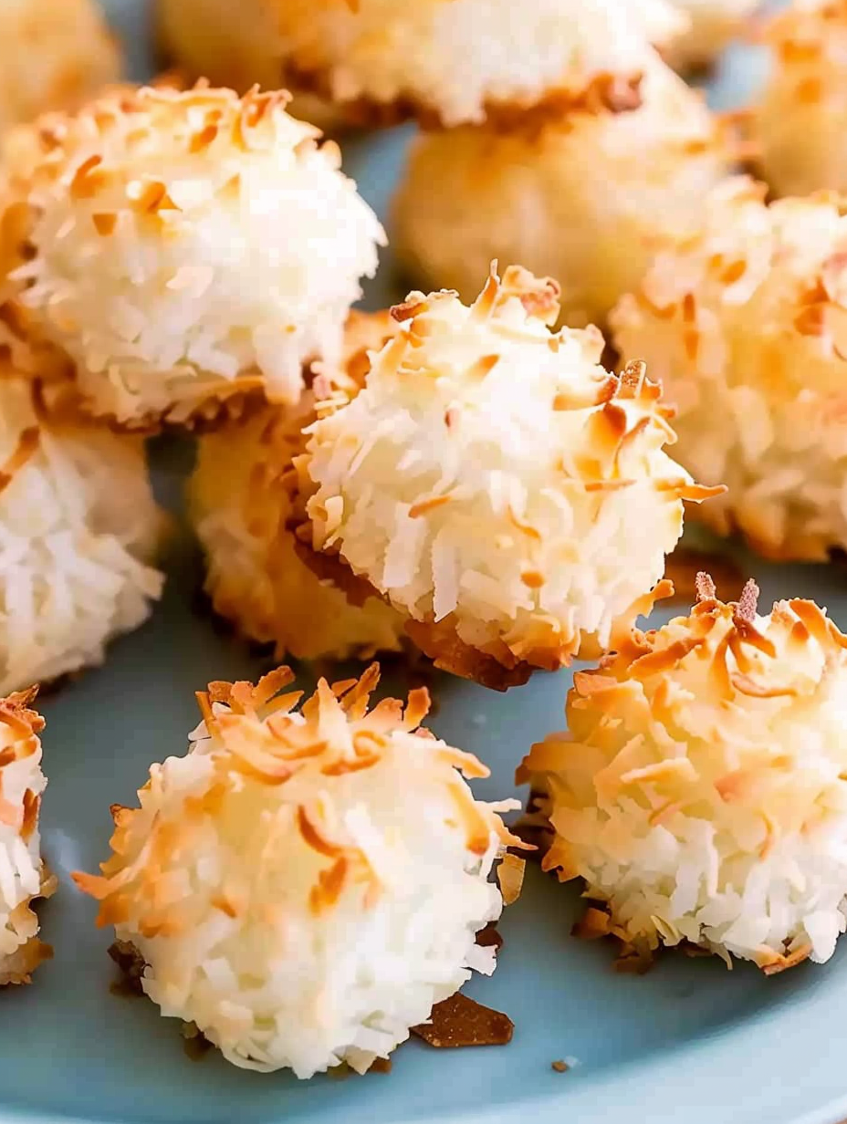 Close up of a coconut macaroon split to show interior