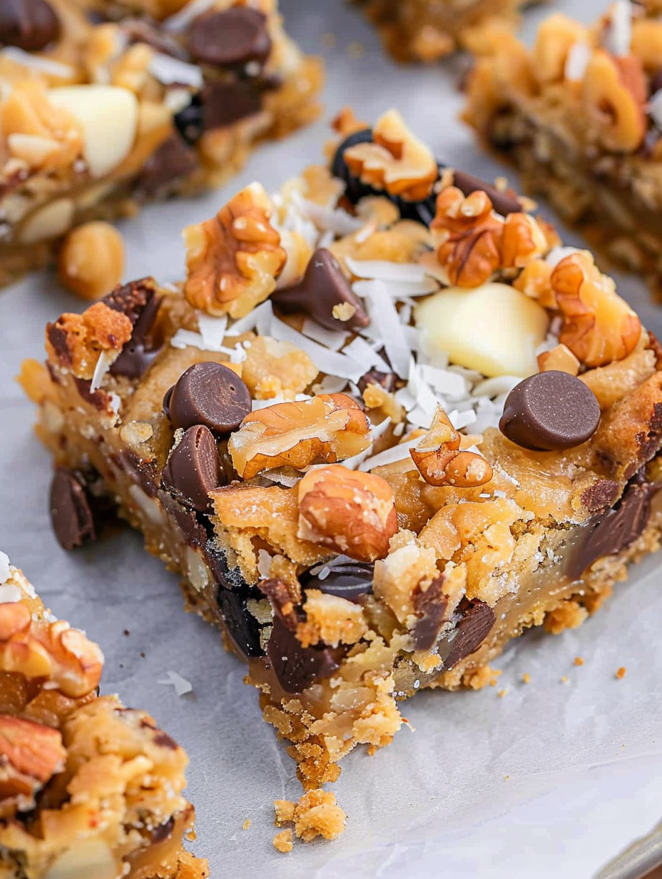 Close up of gooey magic bar interior with toasted coconut and walnuts