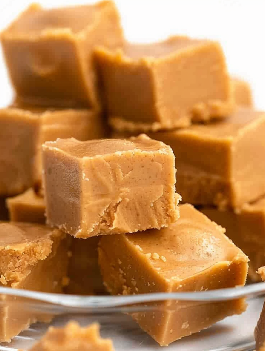Pan of freshly poured peanut butter fudge cooling in a glass pan