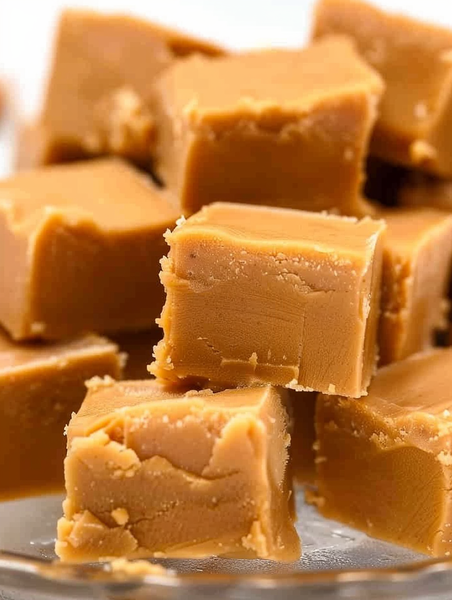 Stacked peanut butter fudge squares on parchment paper