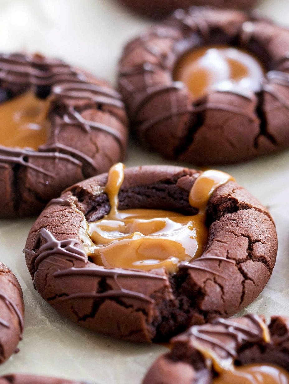 Chocolate caramel thumbprint cookie cooling on parchment