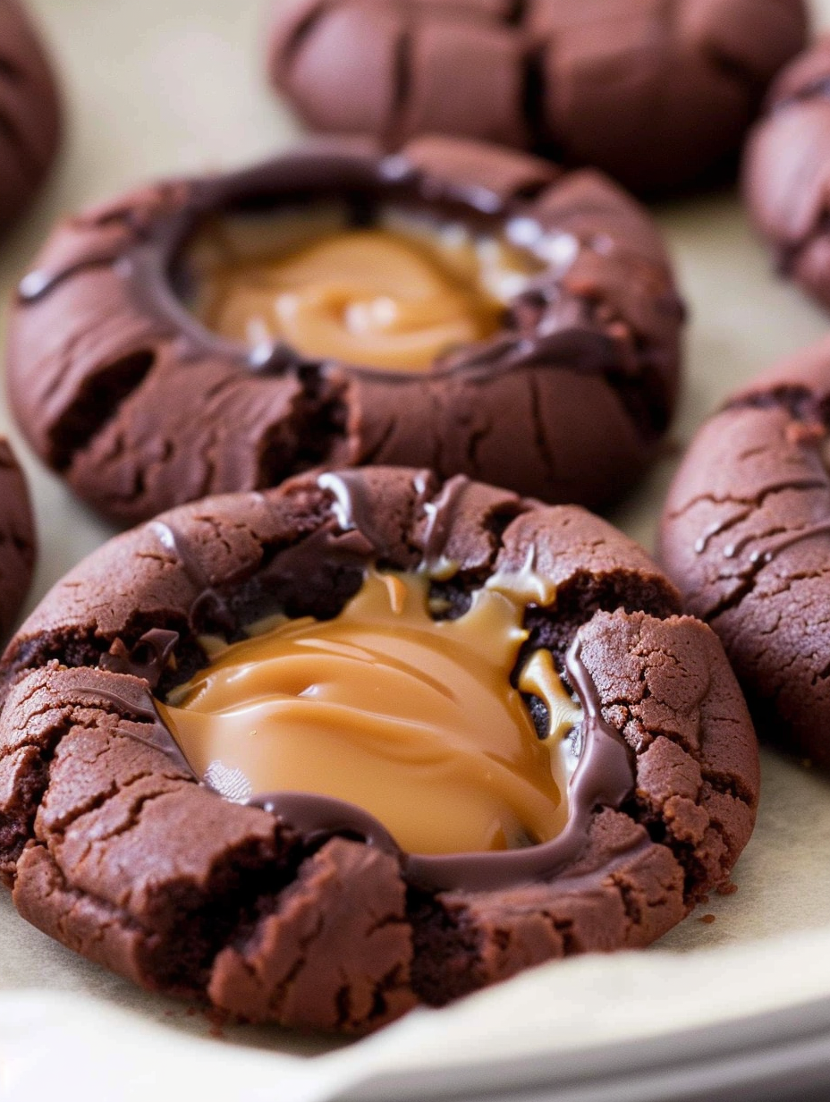 Two cookies displayed with caramel centers and chocolate drizzle