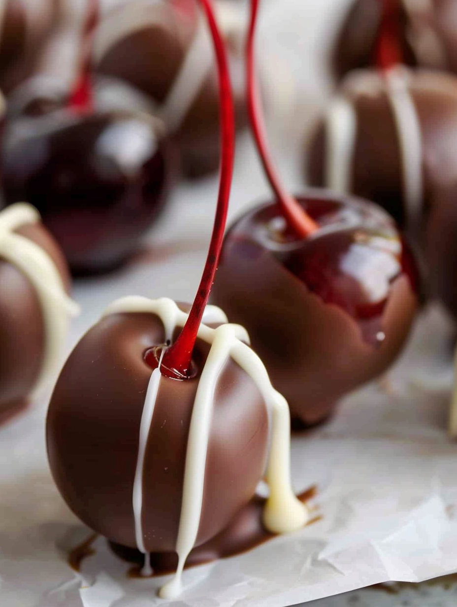 Close-up of chocolate-dipped cherry with white chocolate drizzle