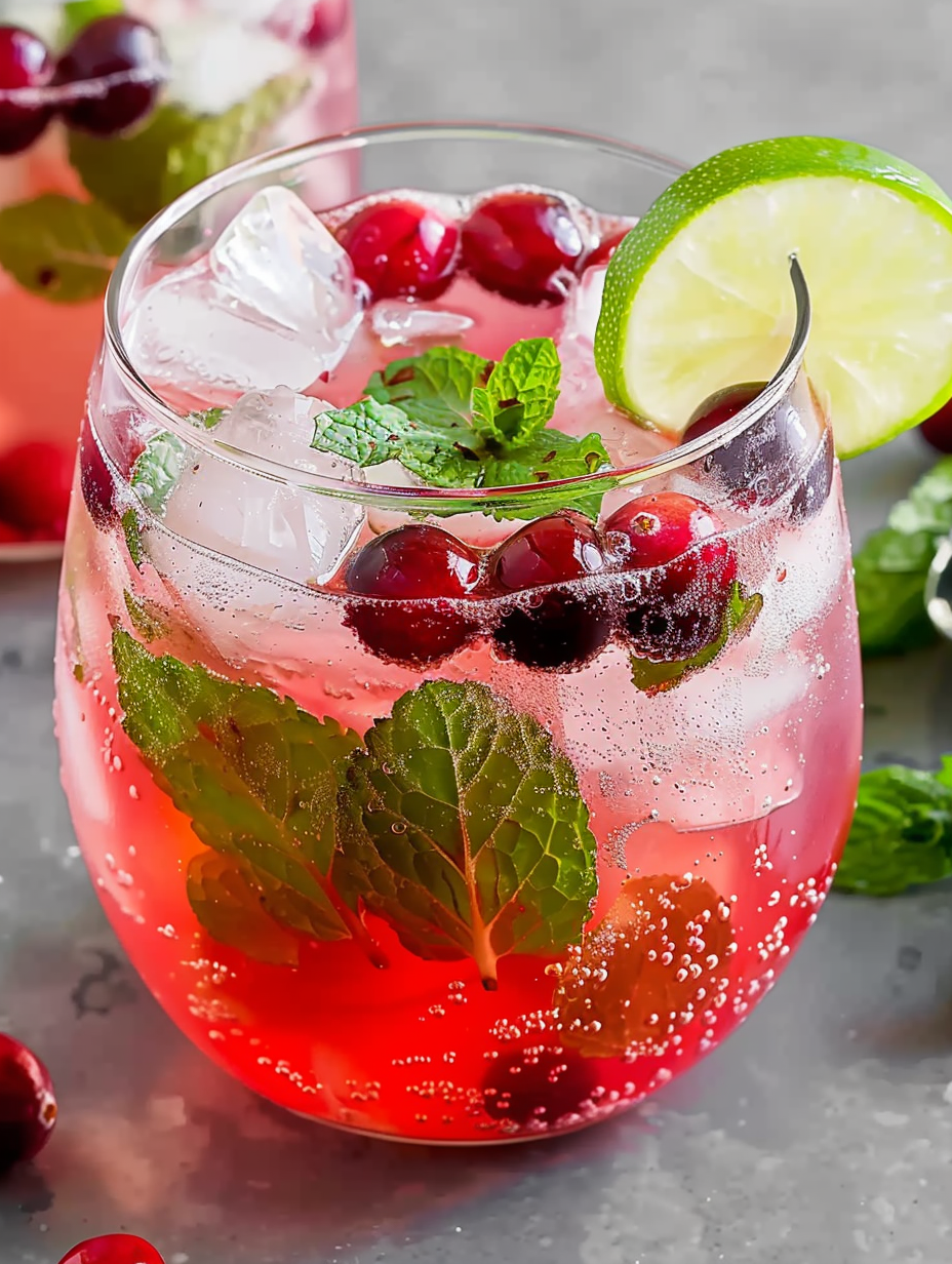 Batched cranberry syrup in a jar with mint leaves