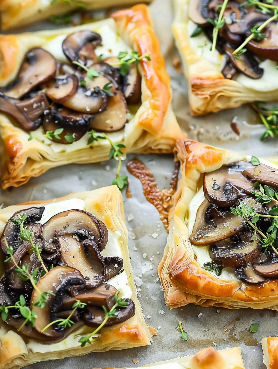 Assembled mushroom tartlets on a baking sheet