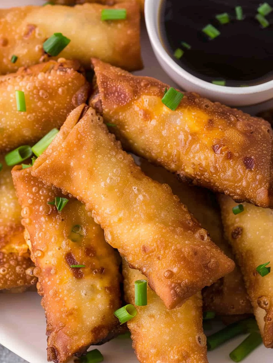 Golden fried breakfast egg rolls cooling on paper towels