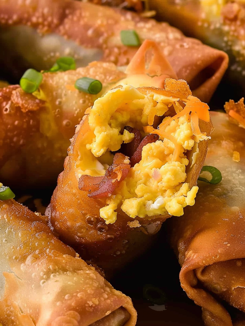 Close-up of a sliced breakfast egg roll showing melted cheese and bacon