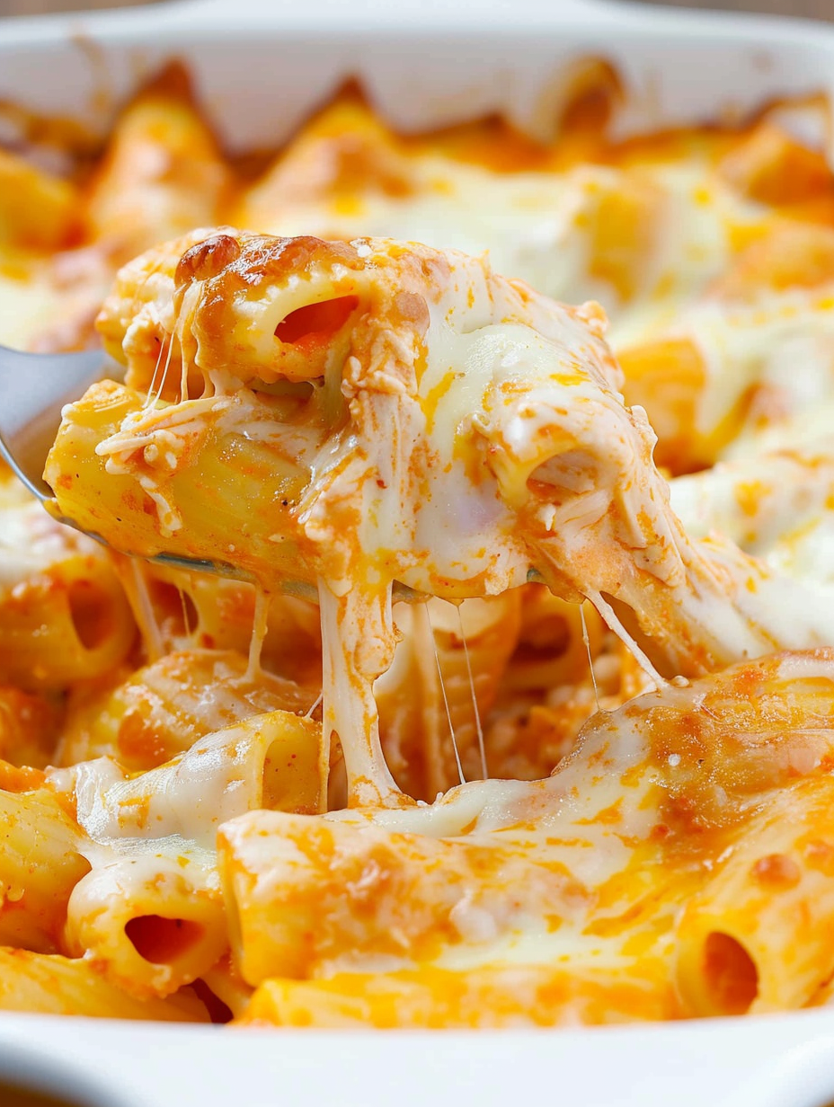 Baked buffalo chicken pasta in a 9x13 dish
