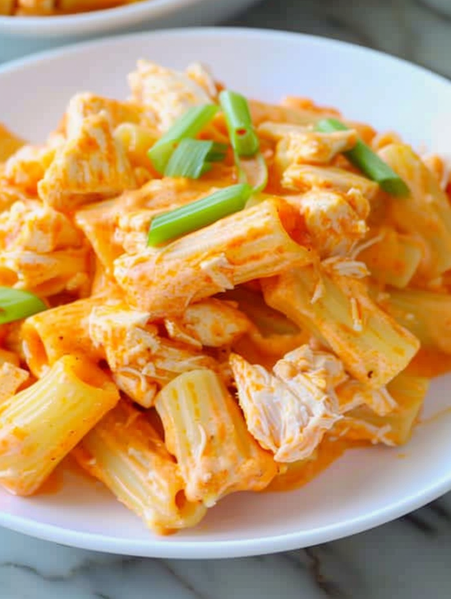 Close-up of cheesy buffalo chicken pasta