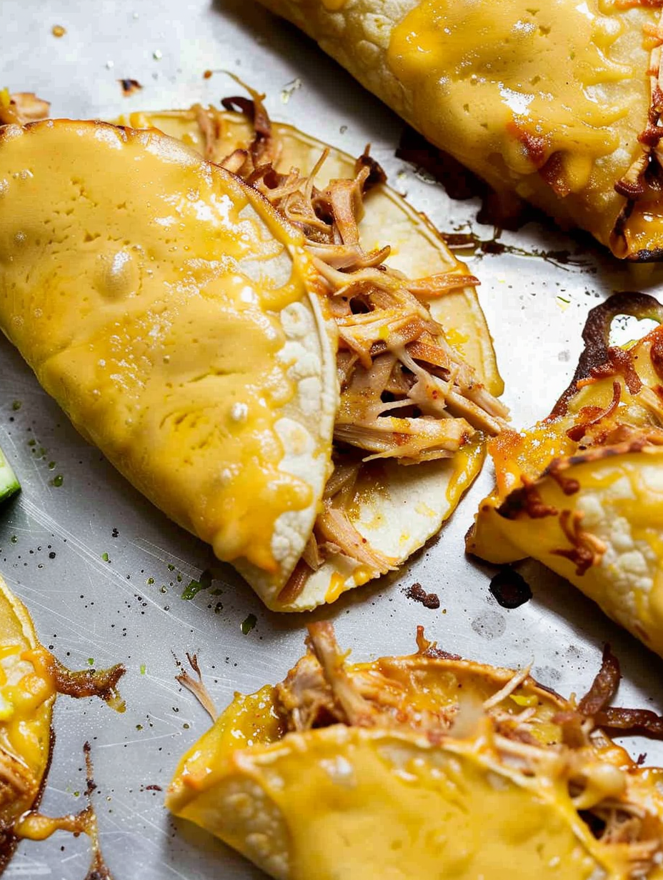 Baked crispy chicken tacos on a sheet pan