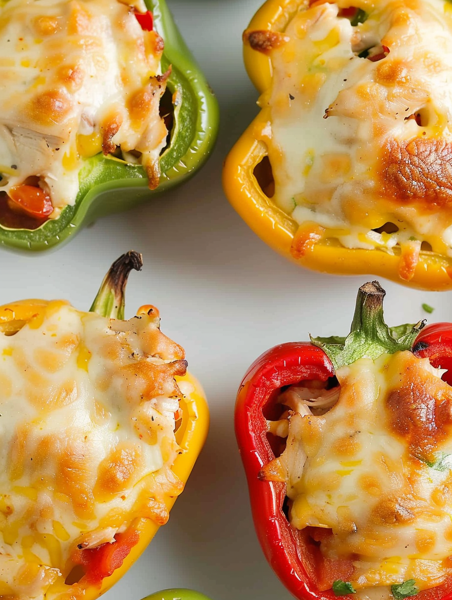 Chicken stuffed bell peppers in casserole dish
