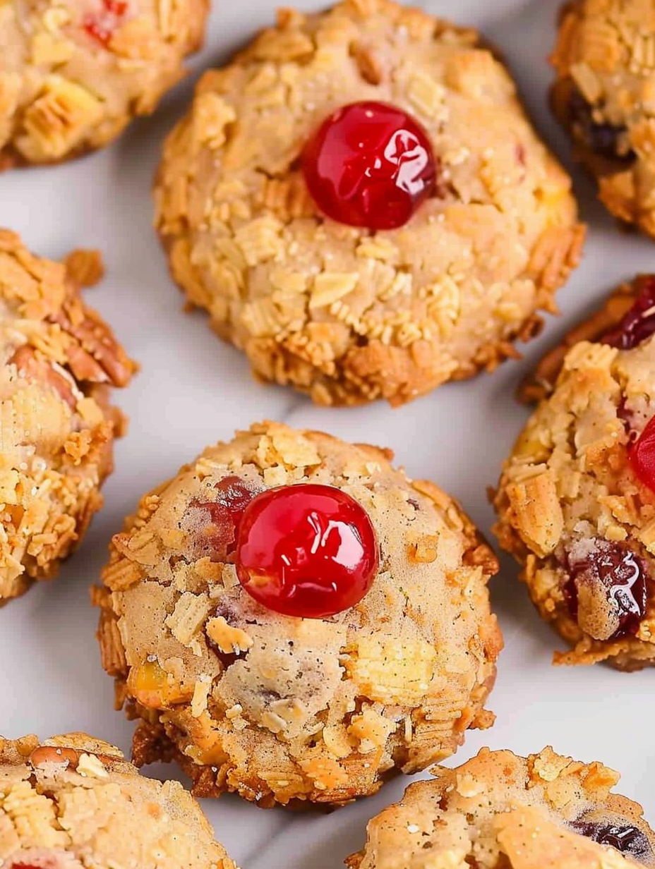 Cherry Wink Cookies arranged on a cooling rack with maraschino winks