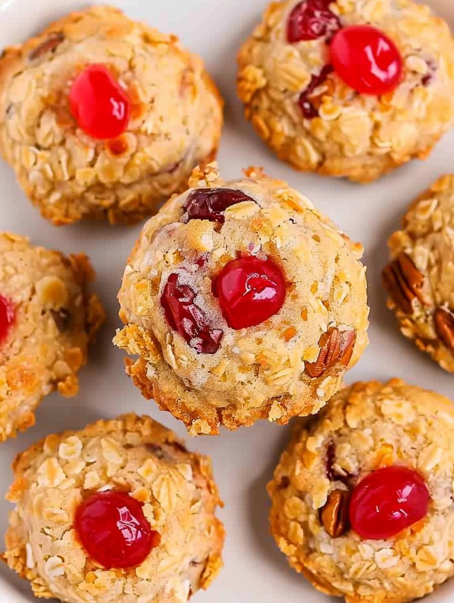 Close-up of a Cherry Wink Cookie with a cornflake coating