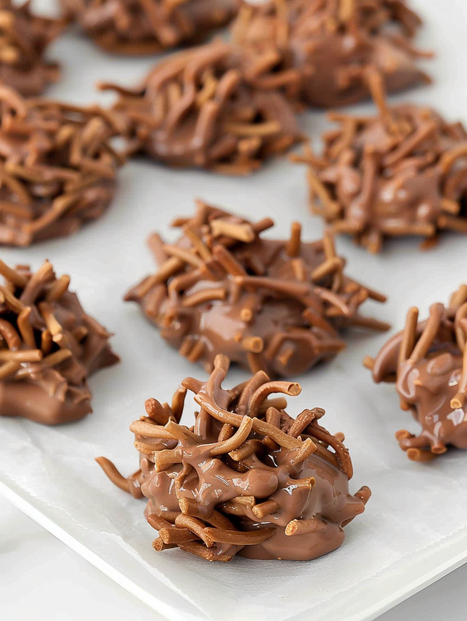 Two bowls of melted chocolate chips ready to be combined with chow mein noodles
