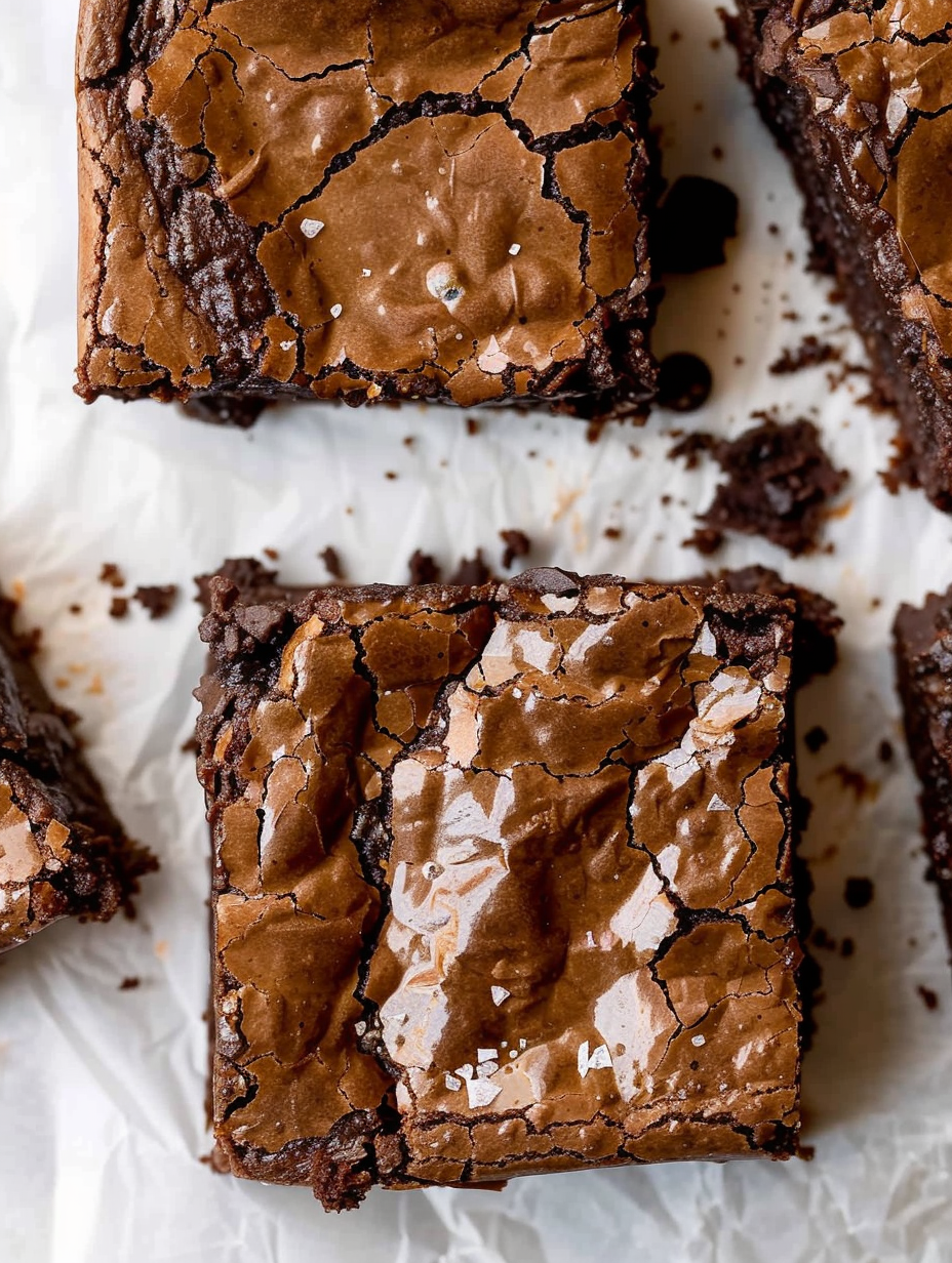 Freshly baked cocoa fudge brownies with shiny cracked tops
