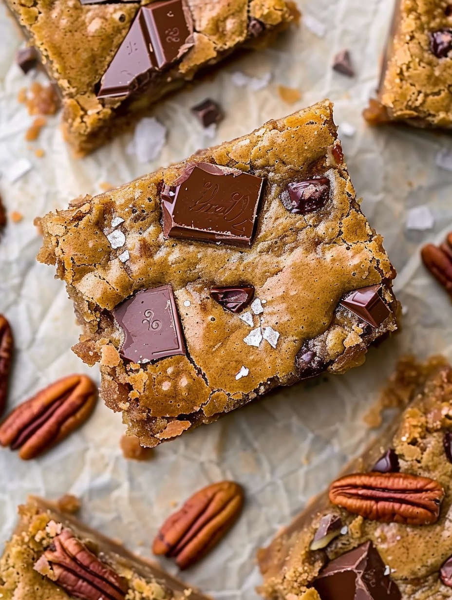 Brown butter bourbon pecan blondies in an 8 by 8 pan