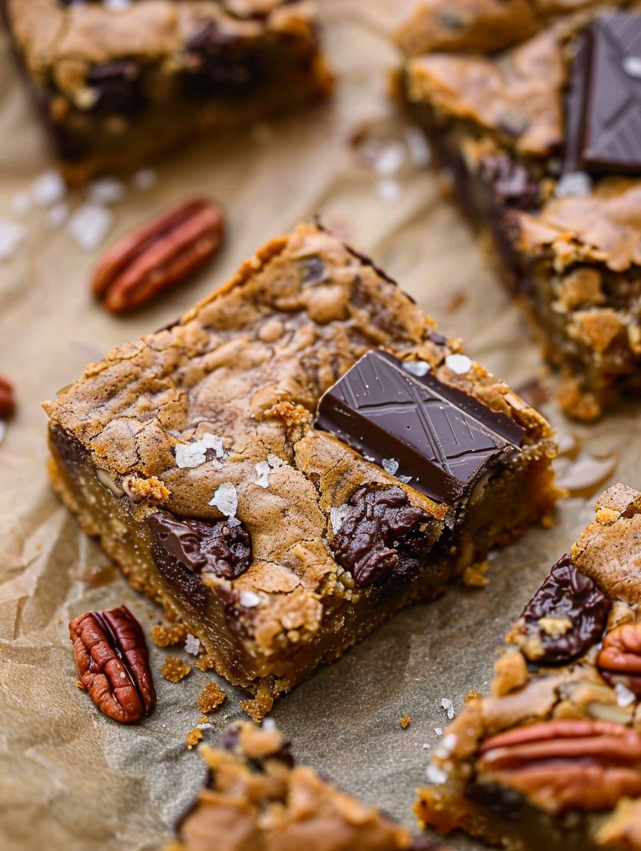 Close up of a blondie square with pecans and chocolate