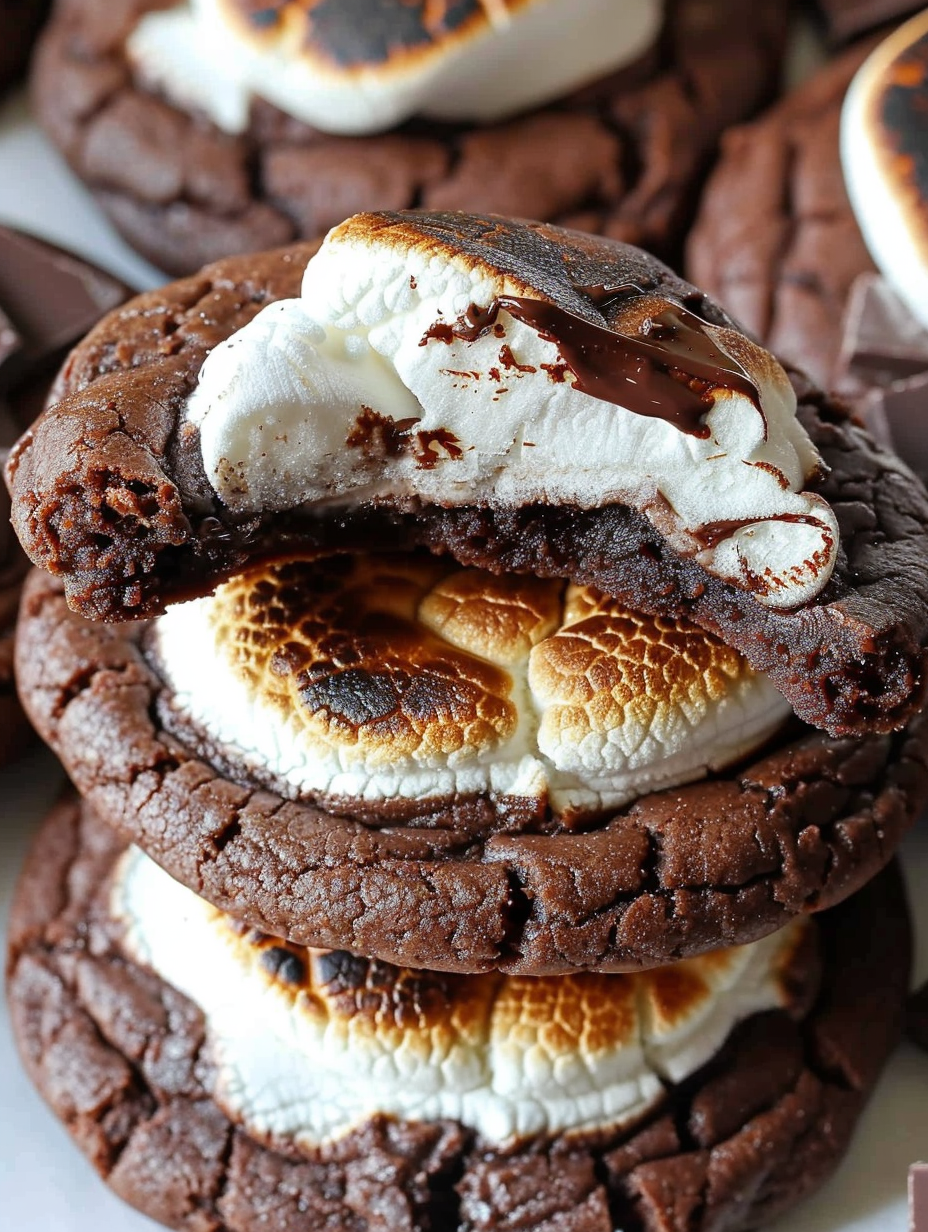 Freshly baked hot cocoa cookies with marshmallow tops