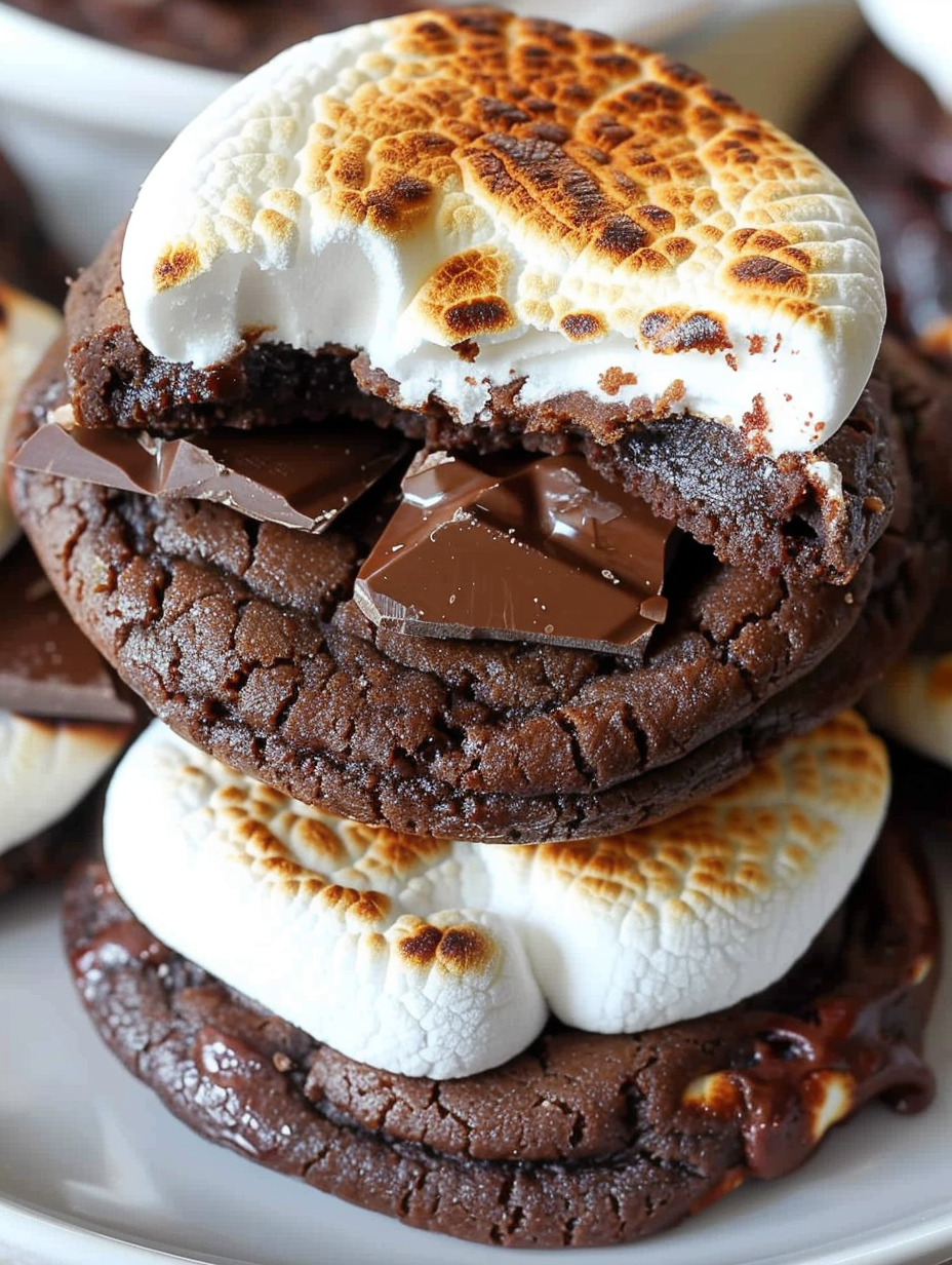 Stacked hot cocoa cookies with melty chocolate