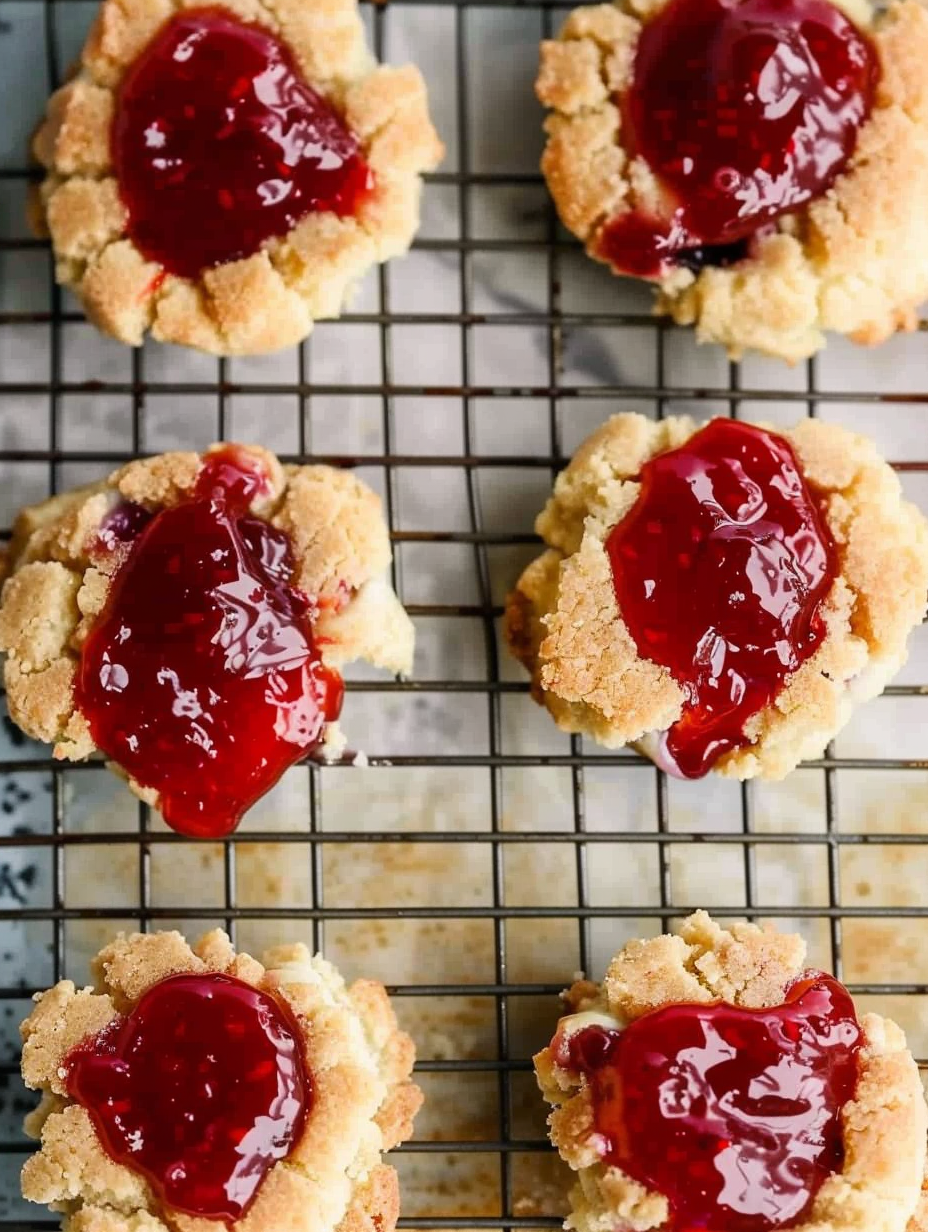 Cherry cheesecake cookies on a cooling rack