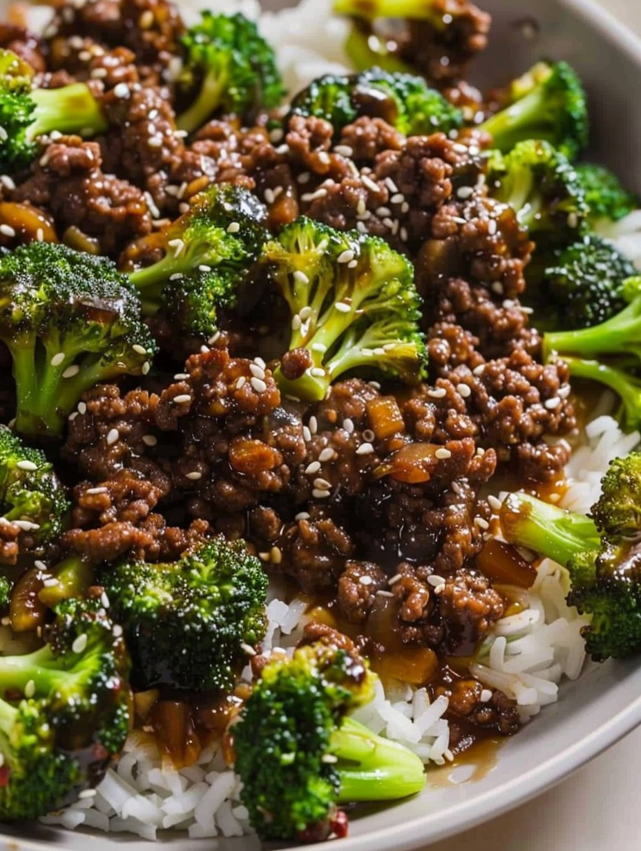 Plated ground beef and broccoli with sesame seeds