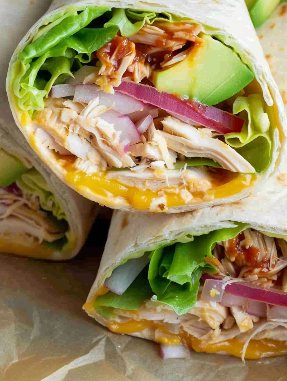 BBQ chicken wrap sliced in half on a plate