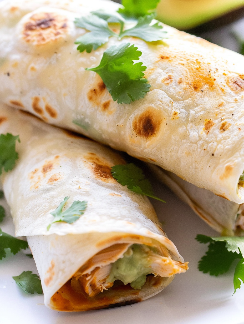 Baked avocado chicken burritos on a baking sheet