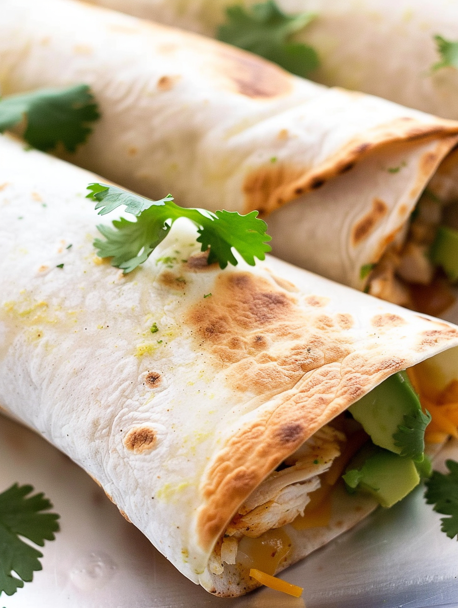Stack of golden baked chicken burritos cut open to show avocado and cheese