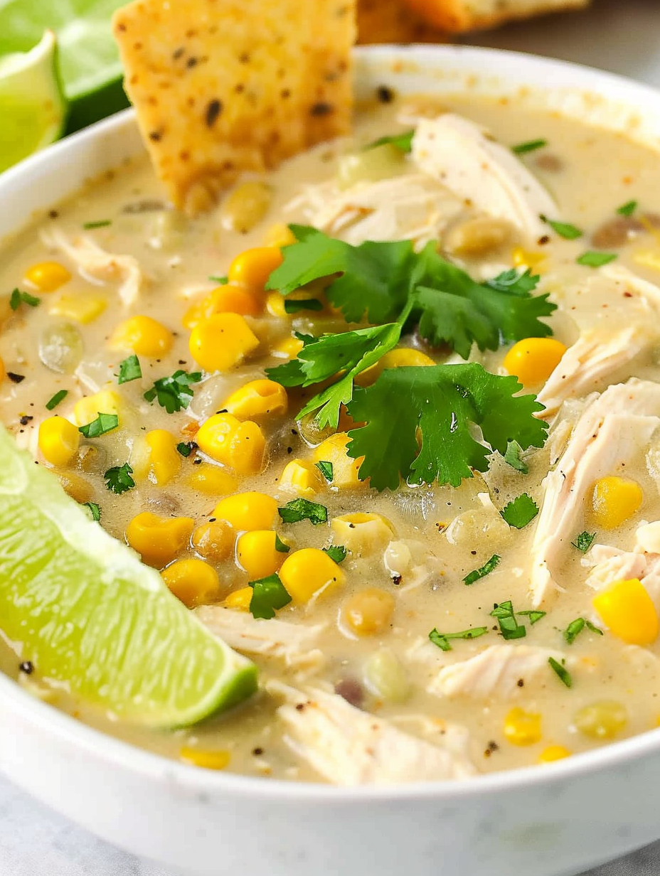Bowl of creamy white chili with garnishes