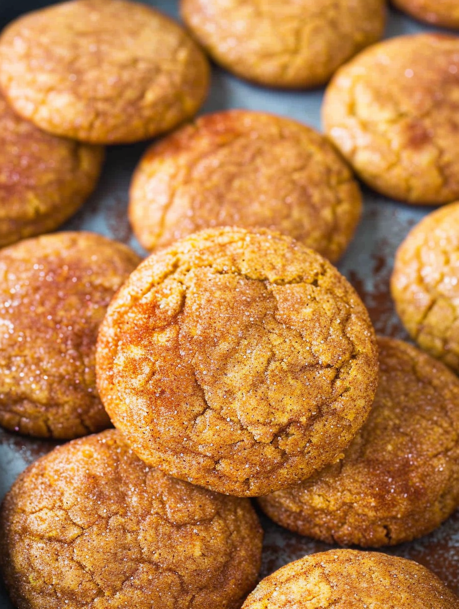 Pumpkin snickerdoodle cookies on a baking sheet