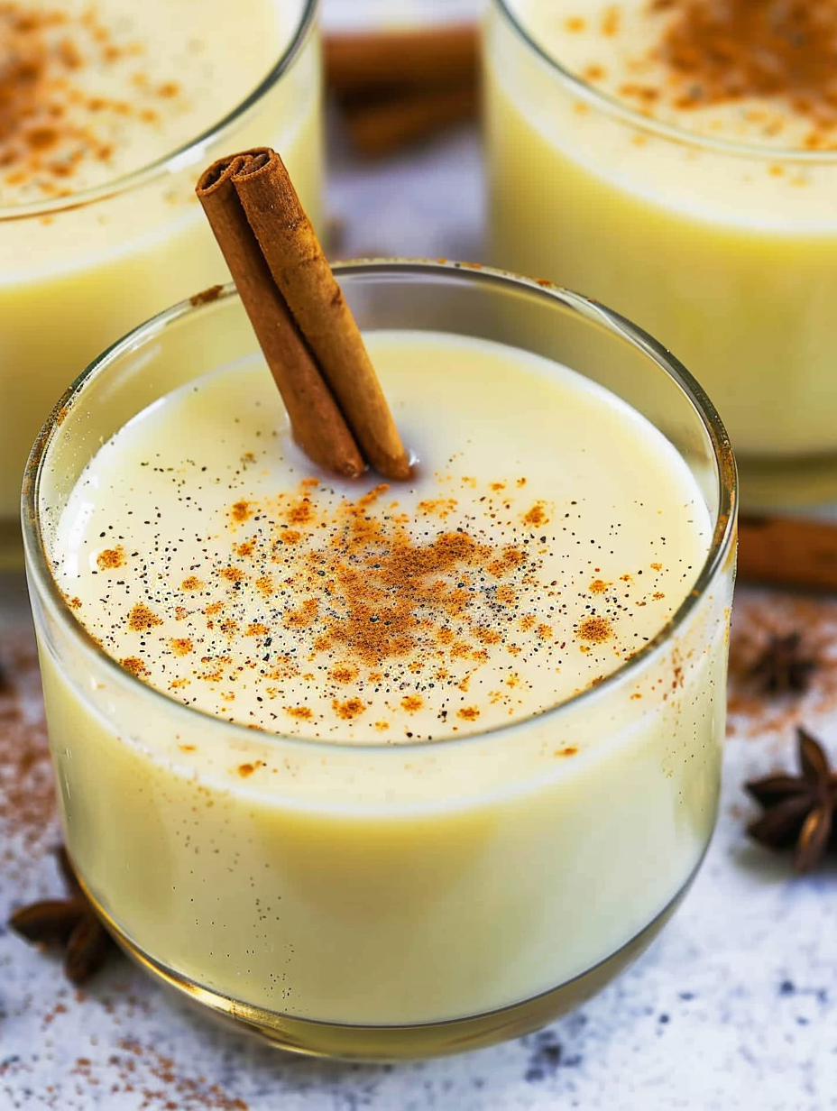 Glass pitcher of homemade eggnog with nutmeg