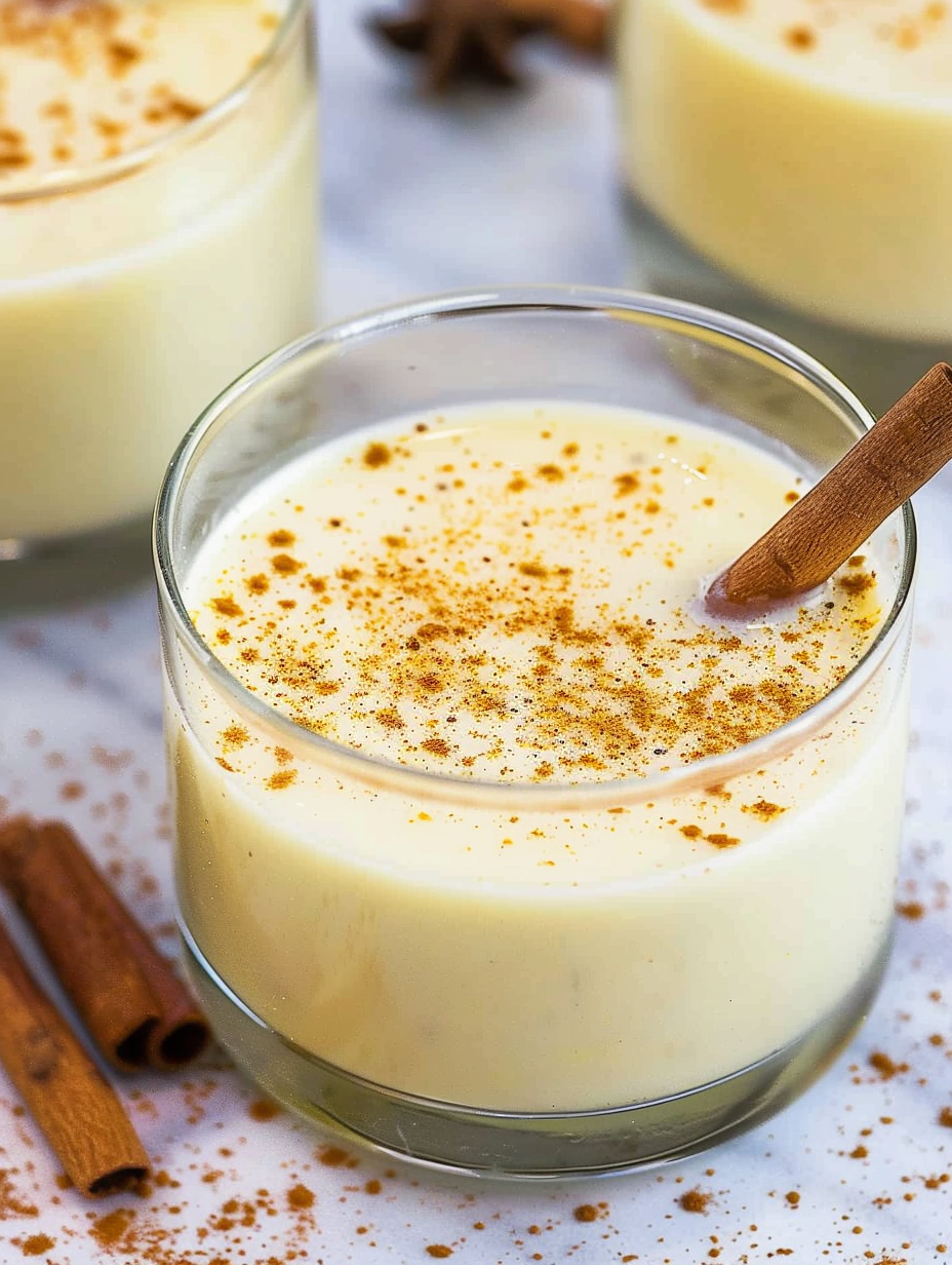 Stovetop saucepan with milk and spices for eggnog