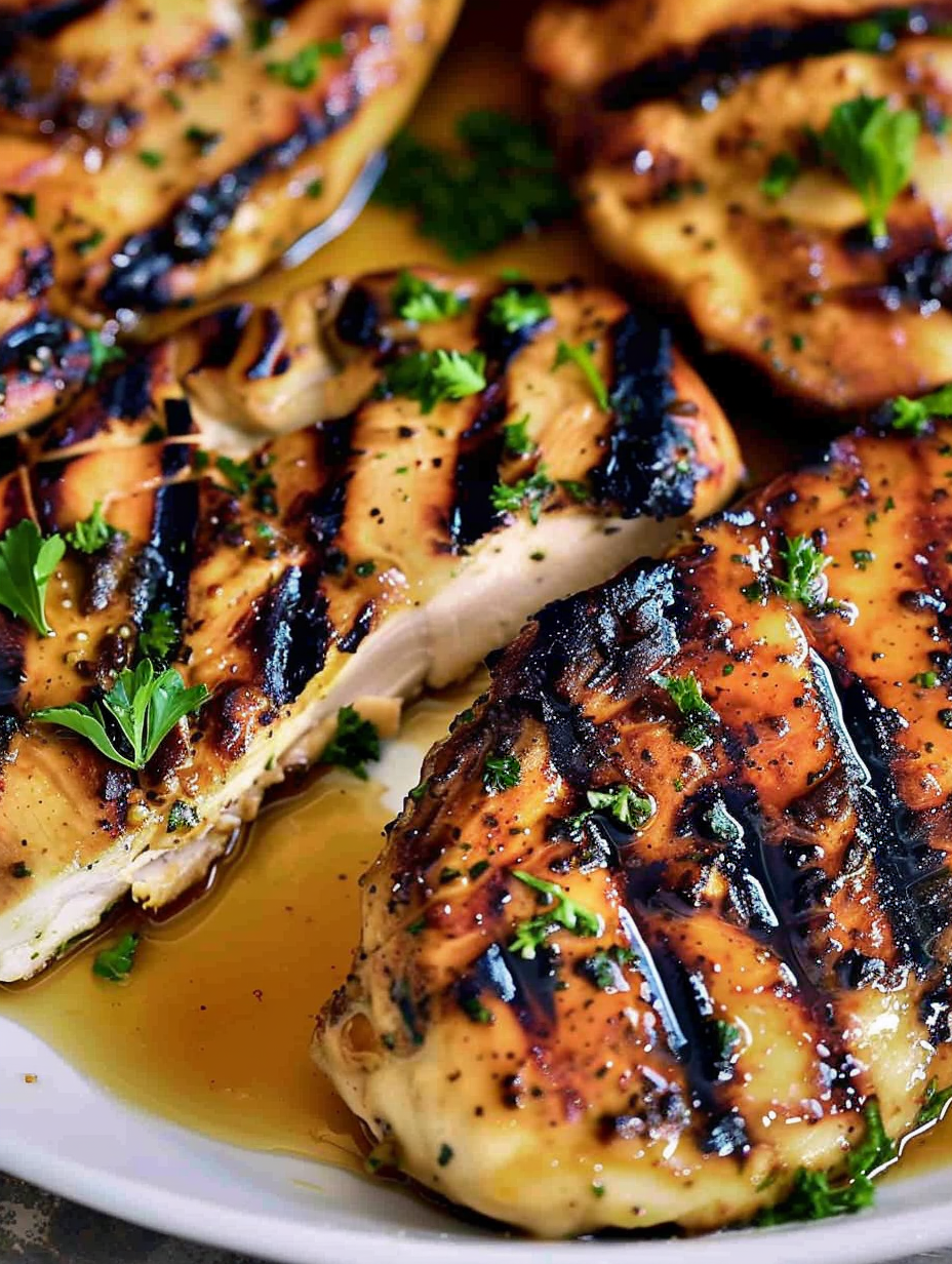 Grilled honey mustard chicken on a platter